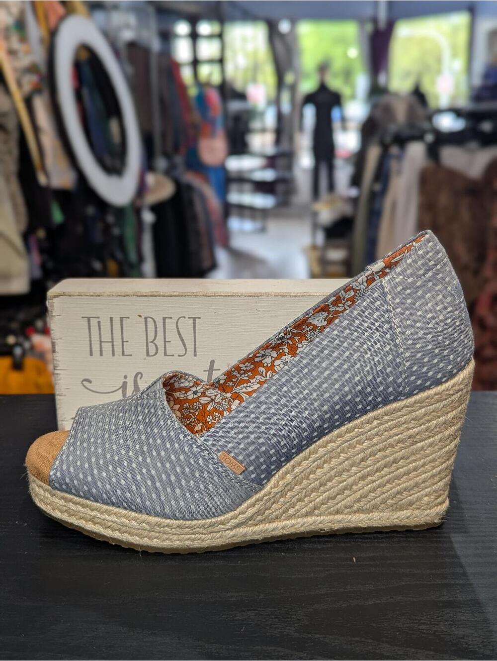 Toms Gray Peep-Toe Espadrille Wedge with Orange Floral Lining